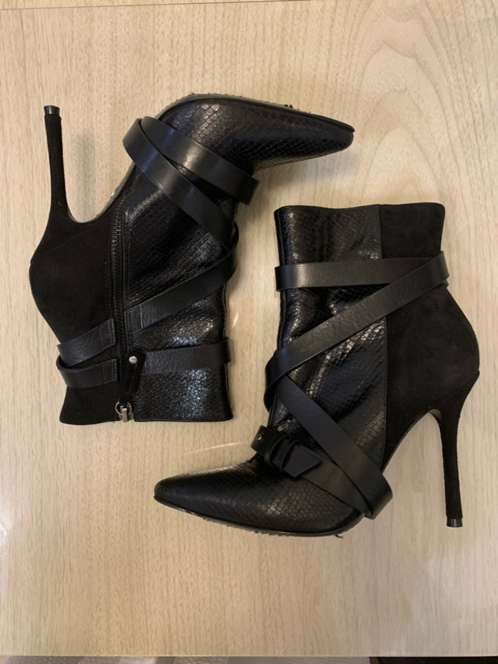 Alice and Olivia Dolan Buckle Suede/Leather Pointed-Toe Stiletto Ankle Boots